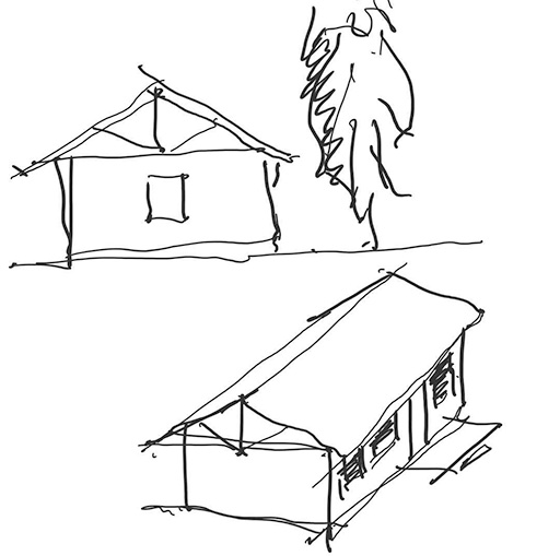 Hand sketch of a long gabled cabin